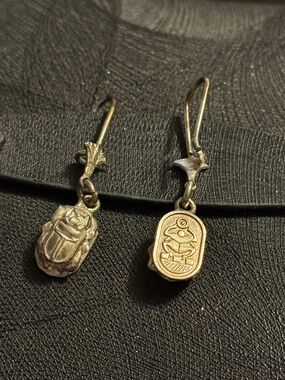 Gold Scarab Pendant Drop Earrings - Egyptian Style